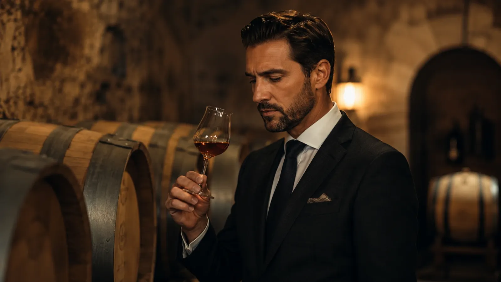 Chuyên gia rượu đang quan sát và ngửi hương Cognac trong hầm ủ thùng gỗ sồi.