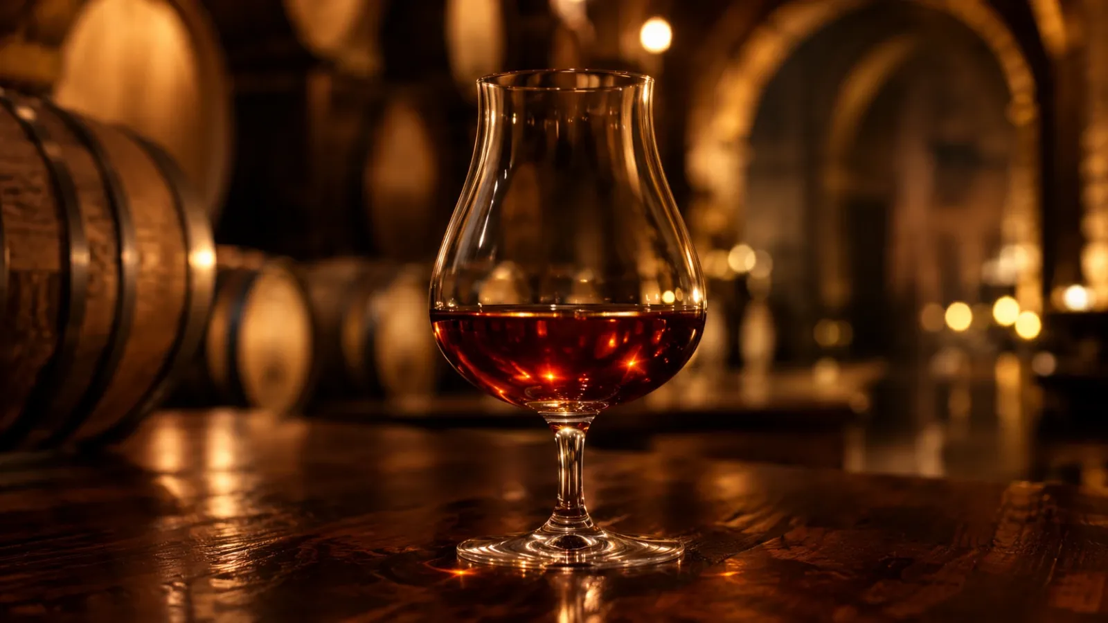 Ly Hennessy VSOP màu hổ phách pha ruby dưới ánh sáng vàng trong không gian tasting Cognac sang trọng.